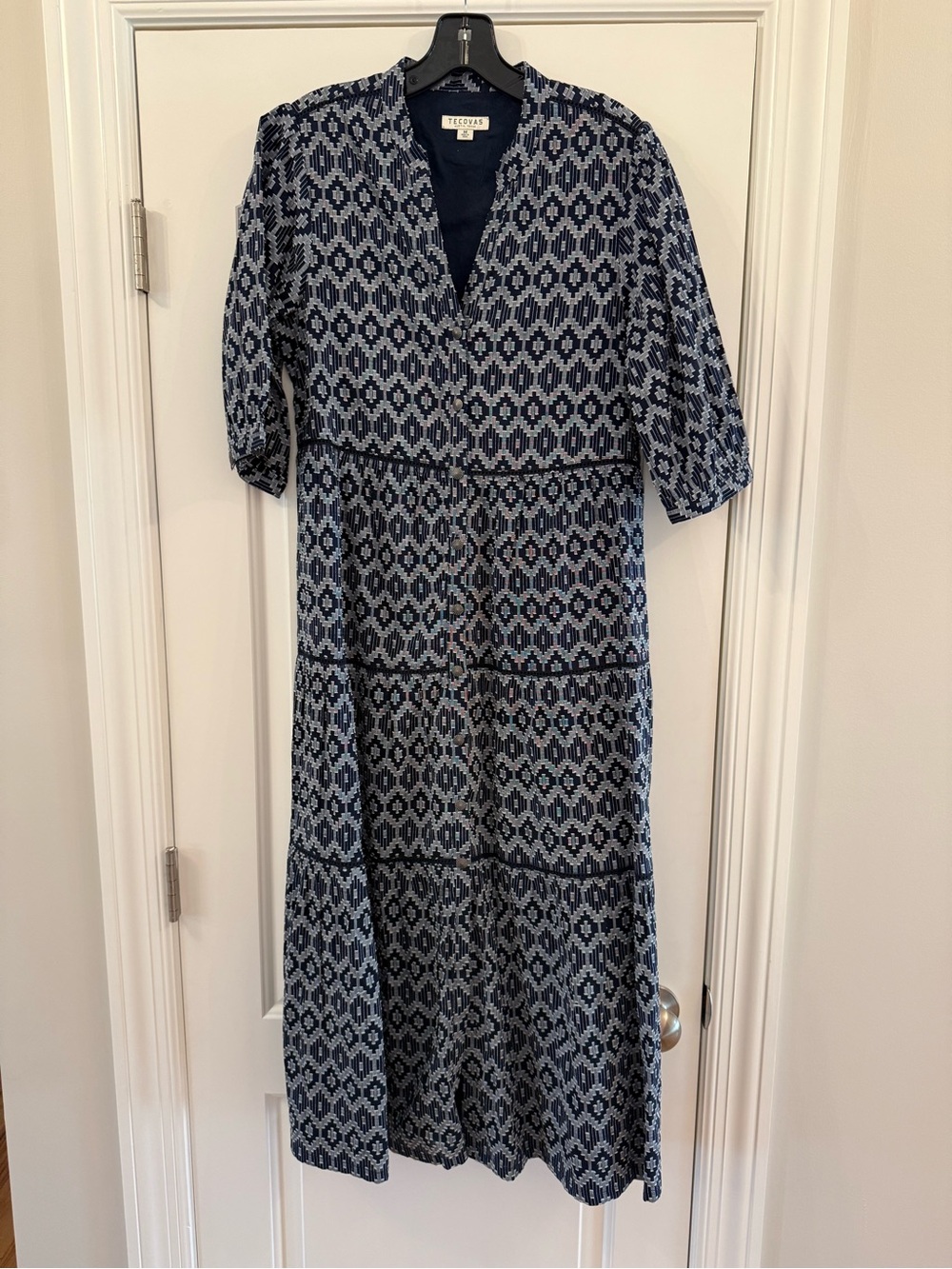 Tecovas Tiered Midi Dress in Navy Geo Print - Picture 2 of 7